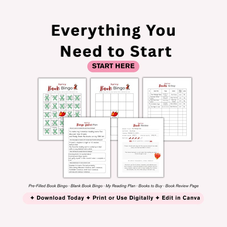 May include: A collection of printable book-themed pages with the text "Everything You Need to Start." Includes "Spicy Book Bingo" sheets, a reading plan, a "Books to Buy" list, and a book review page. The text "Download Today," "Print or Use Digitally," and "Edit in Canva" are also visible.
