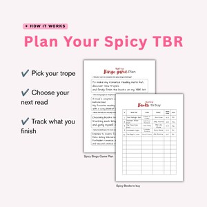 May include: A pink and white graphic with the text "Plan Your Spicy TBR." The image includes a "Spicy Bingo game Plan" and a "Spicy Books to buy" list. The image also includes the steps: Pick your trope, Choose your next read, and Track what you finish.