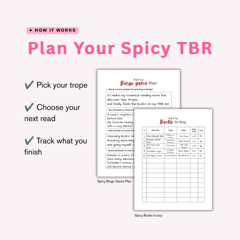May include: A pink and white graphic with the text "Plan Your Spicy TBR." The image includes a "Spicy Bingo game Plan" and a "Spicy Books to buy" list. The image also includes the steps: Pick your trope, Choose your next read, and Track what you finish.