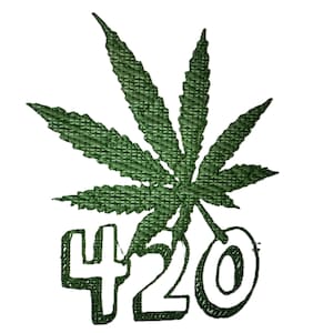 May include: A green cannabis leaf with the number "420" in a stylized font. The leaf is detailed with textured shading, and the numbers are outlined in black. The image is set against a clean white background.