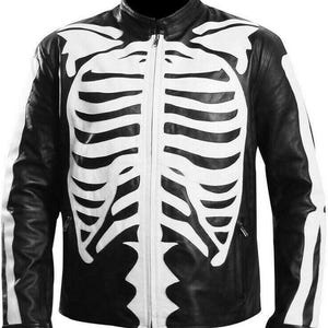 Men’s Biker Skeleton Bones Jacket Motorcycle leather jacket  Halloween Costume
