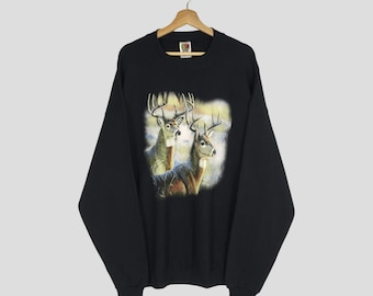 Vintage 90s Whitetail Deer Black Sweatshirt 2Xlarge Wildlife Deer Animal Graphic Printed Sweater Deer Hunting Crewneck Deer Habitat Size XXL