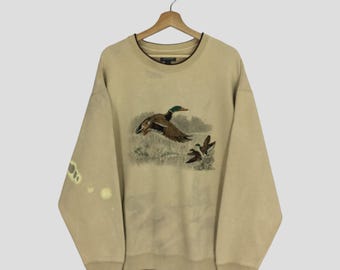 Vintage 90s Mallard Duck Beige Sweatshirt Large Mallard Duck Embroidery Logo Sweater Duck Animal Graphic Crewneck  Duck Pullover Size L
