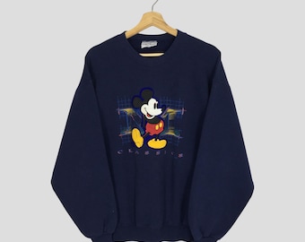Vintage 90's Mickey Mouse Blue Sweatshirt Large Mickey Mouse Classics Embroidery Sweater Mickey Mouse Walt Disney Cartoon Pullover Size L