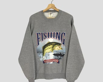 Vintage 90s Trout Lake Fish Sweatshirt Blue Big Fish Sweater