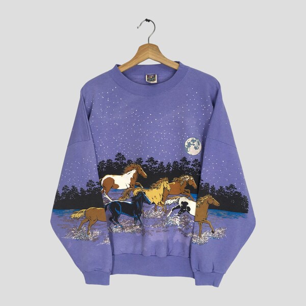 Vintage 90s Retro Graphic Horse Blue Sweatshirt Xlarge Art Unlimited Horses Animal Overprinted Sweater Horse Graphic Crewneck Jumper Size XL