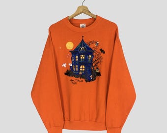 Vintage 90s Halloween Sweatshirt: Pumpkin Ghost Crewneck - Size L