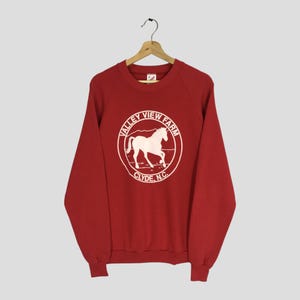 May include: Red crewneck sweatshirt with a white graphic of a horse inside a circle that reads "Valley View Farm Clyde, N.C.". The sweatshirt is hanging on a wooden hanger.