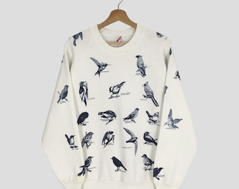 Vintage 90's Jerzees Graphic White Sweatshirt Large Jerzees Graphic Overprinted Birds Animal Sweater Bird Wildlife Art Crewneck Bird Size L
