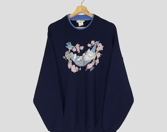 Sudadera vintage de los 90 con diseño de gato y sol matutino: estampado floral de gatito, talla 3XL