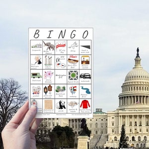 Washington, DC Travel Bingo - ONE Card - Explore a capital com um cartão de bingo para impressão - Download instantâneo, jogo de viagem, diversão para a família