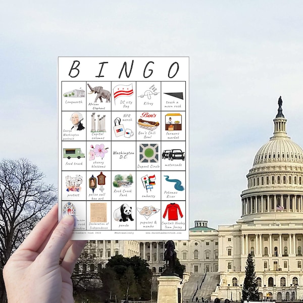 Washington, DC Travel Bingo - ONE Card - Explore the Capital City with a Printable Bingo Card - Instant Download, Travel Game, Family Fun