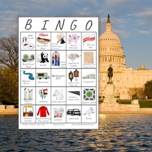 Washington DC Travel Bingo - Conjunto de CINCO - Download instantâneo, jogo de viagem para impressão, diversão para a família, City Explorer, cartão de download digital