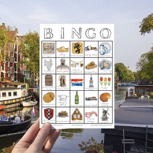 Amsterdam Travel Bingo Card - ONE Card - Download digital para impressão, jogo City Explore, Illustrated Travel Companion, Holland Icons