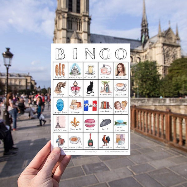 Paris Travel Bingo Card - Afdrukbaar - EEN kaart - Digitale download, uniek bingospel, Frankrijk, stadsreiziger, Eiffeltoren, sightseeingspel