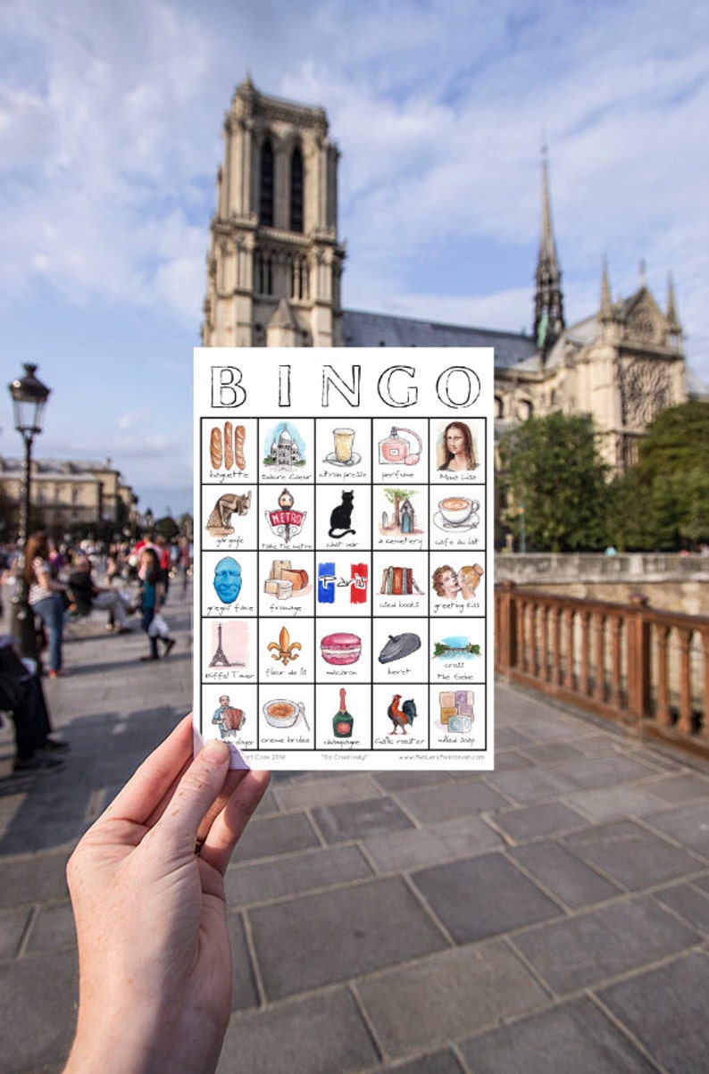 Paris Travel Bingo Card Printable ONE Card Digital Download, Unique Bingo Game, France, City Traveler, Eiffel Tower, Sightseeing Game image 1