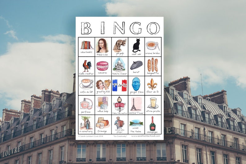 Paris Adventure Bingo Set of FIVE Printable Travel Game, Eiffel Tower, Mona Lisa, Instant Download, Family Fun image 1