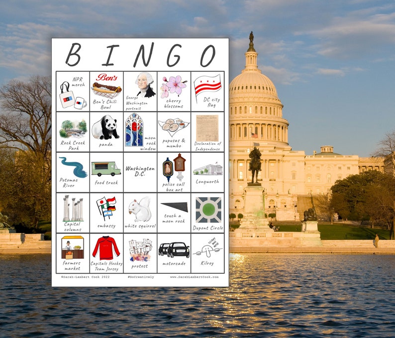 Washington D.C. Travel Bingo Set of FIVE Instant Download, Printable Travel Game, Family Fun, City Explorer, Digital Download Card image 1