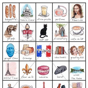 Paris Adventure Bingo Set of FIVE Printable Travel Game, Eiffel Tower, Mona Lisa, Instant Download, Family Fun image 2