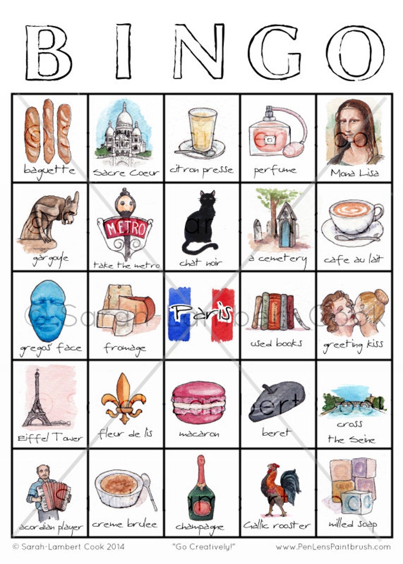 Paris Adventure Bingo Set of FIVE Printable Travel Game, Eiffel Tower, Mona Lisa, Instant Download, Family Fun image 2