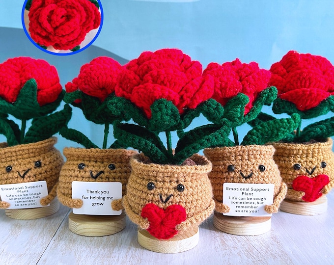 Adorable Handmade Crochet Red Rose Potted Plant,Crochet Rose Pot,Crochet Flowers in Pot,Fully Bloomed Crochet Rose,Emotional Support Rose