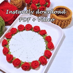 GEHAAKT ROSE-onderzetterpatroon + video, roze bloempot onderzetter set, haakpatroon bloemboeket, plantenonderzetters, instant digitale download pdf