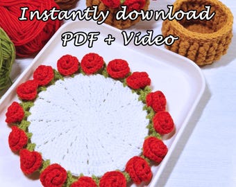 CROCHET ROSE Coaster Pattern + Video,Rose Flower Pot Coaster Set,Crochet Pattern Flower Bouquet,Plant Coasters,Instant Digital Download PDF