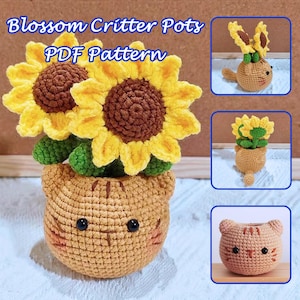 Blossom Critter Pots Crochet Patterns Bundle,Sunflower Cat Pattern,Crochet Flower Animal Pot Amigurumi PDF Pattern,Flower Animal Pot Pattern