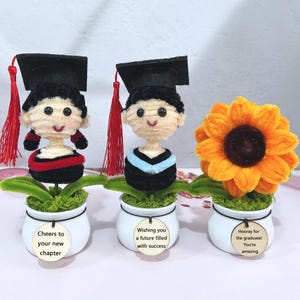 Pode incluir: Três decorações com tema de formatura. Duas figuras usam chapéus pretos com borlas vermelhas e batas de formatura. Uma é um girassol. Cada uma está em um vaso branco com uma etiqueta de madeira que diz "Cheers to your new chapter", "Wishing you a future filled with success", e "Hooray for the graduate! You're amazing".