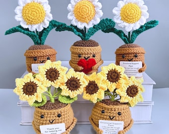 Handmade Crochet Daisy/Sunflower Potted Plant,Emotional Support Plant,Thank You For Helping Me Grow,Crochet Daisy Flowers with Hugging Heart
