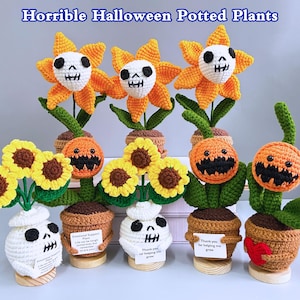 May include: Crocheted Halloween potted plants with skull and pumpkin faces. The plants include sunflowers and other flower designs, with green stems and leaves. Some plants have small signs with text.