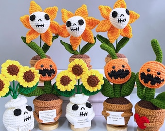 Halloween Crochet Pumpkin /Skull Ghost /Sunflower Potted Plant,Halloween Flower in a Pot,Halloween Desk Decor,Emotional Support Ghost Plant