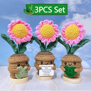 Emotional Support Crochet Pink Daisy Pot Plant,Amigurumi Flower Pot,Crochet Clover,Crochet Flower Desk Decor,Hug Green Heart Daisy Pot Plant