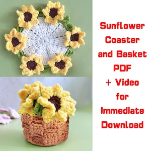 Patrón de posavasos de girasol a crochet (Tutorial en PDF + Vídeo), Descarga instantánea en PDF, Juego de posavasos florales, Patrón de posavasos de girasol floreciente, Mini manta