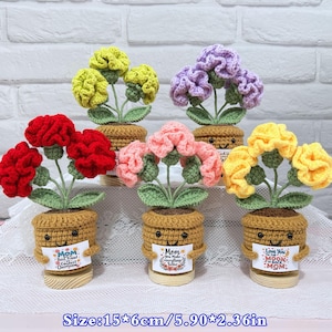 May include: A collection of handmade crochet flowers in various colors, including red, yellow, pink, and purple. Each flower is in a brown pot with a smiling face and a small sign. The dimensions are approximately 5.90 inches by 2.36 inches.