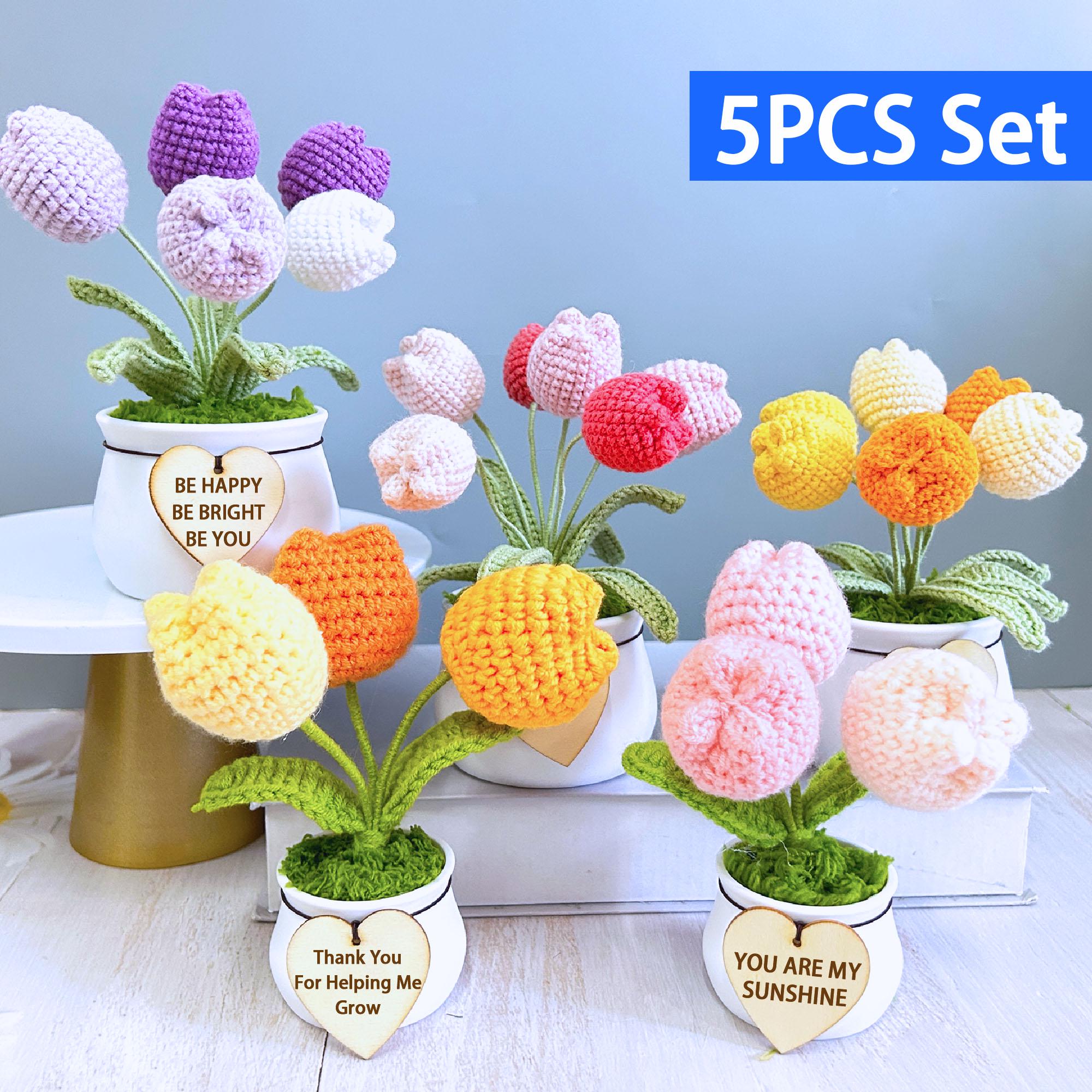 手作りかぎ針編みのチューリップ鉢植え、チューリップブーケ鉢、かぎ針