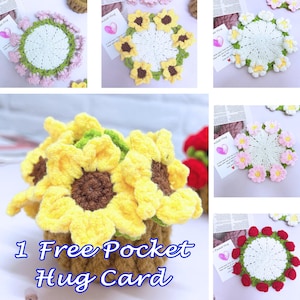 Conjunto adorável de porta-copos com buquê de flores de crochê feito à mão, presente para o Dia dos Pais, mini cobertor com buquê de flores, cartão de abraço, conjunto de porta-copos com vaso de flores de crochê