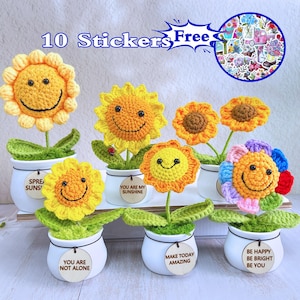 Könnte beinhalten: Eine Sammlung handgefertigter gehäkelter Sonnenblumen mit lächelnden Gesichtern in weißen Töpfen. Jede Blume hat grüne Blätter und ein Holzschild mit positiven Botschaften. 10 kostenlose Aufkleber sind enthalten.