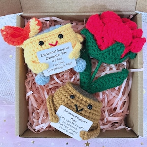 Emotionale Unterstützung häkeln Dumpster Fire / Rose, gestrickte rote Rose, Amigurumi Dumpster Fire, Schreibtischdekoration, Geschenk zum Vatertag