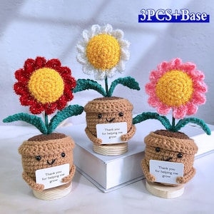 Puede incluir: Tres decoraciones de macetas de flores de ganchillo con caras sonrientes y el texto "Gracias por ayudarme a crecer". Las macetas son marrones y las flores son blancas, rojas y rosas.