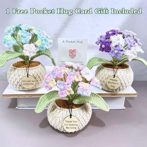 Puede incluir: Tres arreglos florales de ganchillo en macetas color crema. Las flores son en tonos de azul, morado y rosa, con hojas verdes. Cada maceta tiene una etiqueta de madera con texto. También se incluye una tarjeta con un alfiler en forma de corazón.