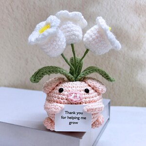 May include: A pink crocheted pig holding a card that says "Thank you for helping me grow". The pig has white flowers growing out of its head.