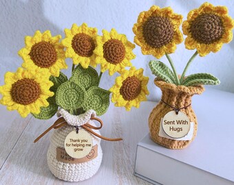 手作りかぎ針編みの花瓶、編み物のひまわりデイジーブーケポット、誕生