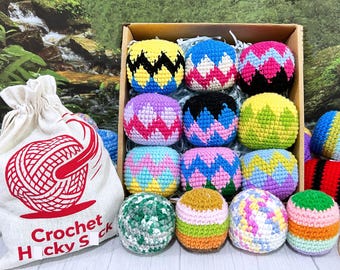 Handmade Crochet Hacky Sack,Multicolor Geometric Footbag,Crochet Hacky Sack + Cotton and Linen Pouch,Kick Ball for Stress Relief/Outdoor Fun