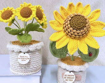 Crochet Sunflower Plant,Sunflower in Pot,Handmade Crochet Desk Decor,Encouragement Daily Positive Affirmations,Birthday Gift with Custom Tag