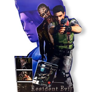 May include: A video game poster for Resident Evil for the Nintendo GameCube. The poster features a blue silhouette of a woman with a zombie and a man holding a gun in front of her. The poster also features a screenshot of the game and the game's logo.