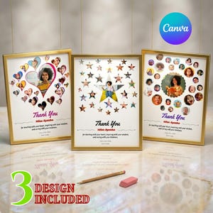 May include: Three gold-framed posters featuring photo collages arranged in heart and star shapes. Each poster includes the text Thank You Miss Ayesha, for teaching with your heart, inspiring with your wisdom, and caring with your kindness, Class 20xx-20xx.