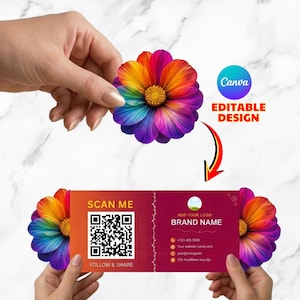 May include: A business card design featuring a vibrant, rainbow-colored flower on each end. The card has a gradient background and includes a QR code, the words "SCAN ME", and "FOLLOW & SHARE". The design is labeled as "EDITABLE DESIGN" and includes a space for a brand logo.