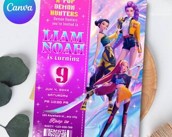 Invitation d'anniversaire Chasseurs de démons K-Pop, thème anime, modèle Canva modifiable (téléchargement numérique)