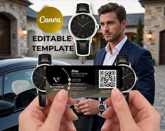 Modèle de carte de visite avec parchemin pour montre | Design Canva de luxe avec code QR (Téléchargement numérique)